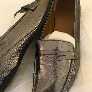 New Metallic Silver Snakeskin Loafers